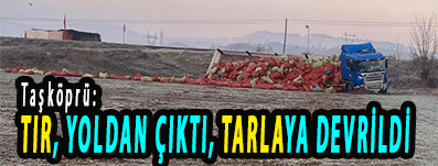 <center> Taşköprü: </center><center><font color=’blue’> TIR, YOLDAN ÇIKTI, TARLAYA DEVRİLDİ  </font></center>