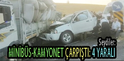 <center> Seydiler: </center><center><font color=’blue’> MİNİBÜS, KAMYONET ÇARPIŞTI: 4 YARALI </font></center>